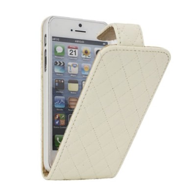 Rombinis atverčiamas baltas (smėlio spalvos) odinis Apple iPhone SE (5, 5s) dėklas (dėkliukas) / Priedai.lt