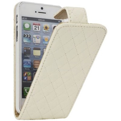 Rombinis atverčiamas baltas (smėlio spalvos) odinis Apple iPhone SE (5, 5s) dėklas (dėkliukas) / Priedai.lt