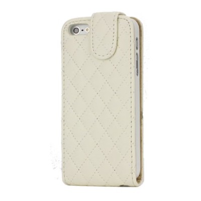Rombinis atverčiamas baltas (smėlio spalvos) odinis Apple iPhone SE (5, 5s) dėklas (dėkliukas) / Priedai.lt