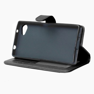 Sony Xperia Z5 Compact atverčiamas juodas odinis dėklas - piniginė / Priedai.lt