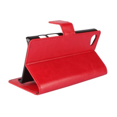 Sony Xperia Z5 Compact atverčiamas raudonas odinis dėklas - piniginė / Priedai.lt