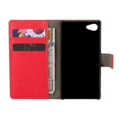 Sony Xperia Z5 Compact atverčiamas raudonas odinis dėklas - piniginė / Priedai.lt