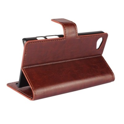 Sony Xperia Z5 Compact atverčiamas rudas odinis dėklas - piniginė / Priedai.lt