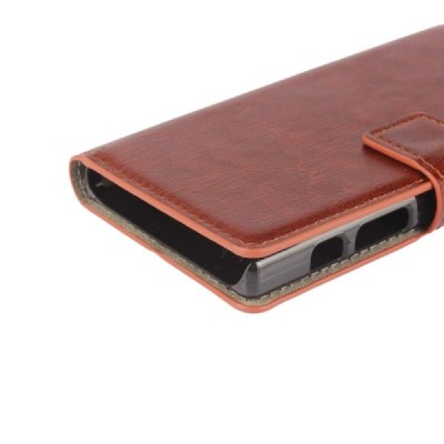 Sony Xperia Z5 Compact atverčiamas rudas odinis dėklas - piniginė / Priedai.lt