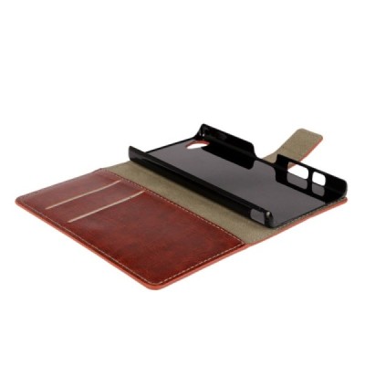 Sony Xperia Z5 Compact atverčiamas rudas odinis dėklas - piniginė / Priedai.lt