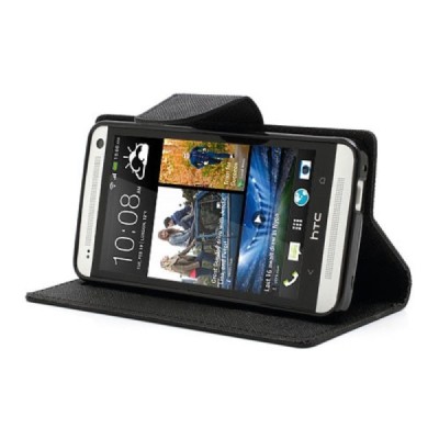 HTC One M7 Mercury juodas atverčiamas dėklas - piniginė / Priedai.lt
