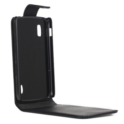Nexus 4 E960 klasisks ādas vertikāli atvēramais melns futrālis / Vacins.lv