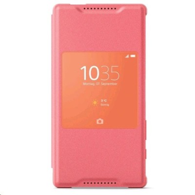 Oficialius Sony Xperia Z5 Compact Style Cover Window rožinis atverčiamas dėklas SCR44 / Priedai.lt