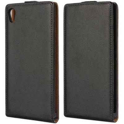 Sony Xperia Z5 klasisks ādas vertikāli atvēramais melns maciņš / Vacins.lv