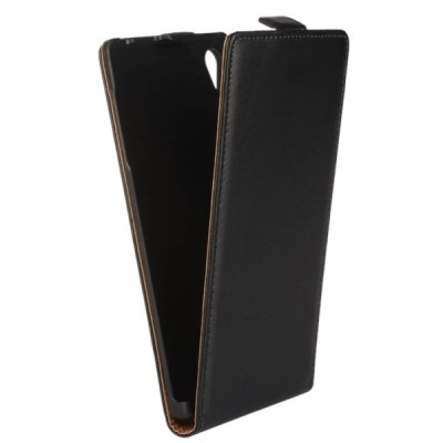 Sony Xperia Z5 klasisks ādas vertikāli atvēramais melns maciņš / Vacins.lv