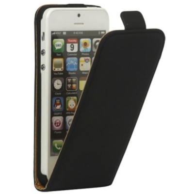 Klasikinis vertikaliai (į apačią, žemyn) atverčiamas juodas odinis Apple iPhone SE (5, 5s) dėklas / Priedai.lt