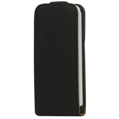 Klasikinis vertikaliai (į apačią, žemyn) atverčiamas juodas odinis Apple iPhone SE (5, 5s) dėklas / Priedai.lt