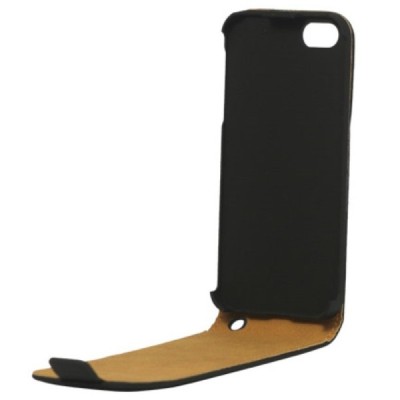 Klasikinis vertikaliai (į apačią, žemyn) atverčiamas juodas odinis Apple iPhone SE (5, 5s) dėklas / Priedai.lt