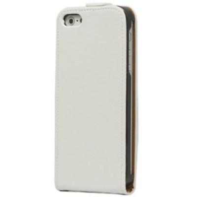 Klasikinis vertikaliai (į apačią, žemyn) atverčiamas baltas odinis Apple iPhone SE (5, 5s) dėklas / Priedai.lt
