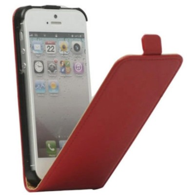 Klasikinis vertikaliai (į apačią, žemyn) atverčiamas raudonas odinis Apple iPhone SE (5, 5s) dėklas / Priedai.lt