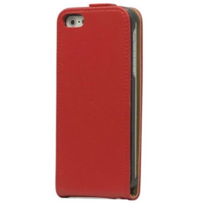Klasikinis vertikaliai (į apačią, žemyn) atverčiamas raudonas odinis Apple iPhone SE (5, 5s) dėklas / Priedai.lt