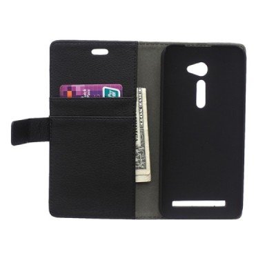 Asus Zenfone 2 5.0 (ZE500CL) atvēramais melns ādas Litchi maciņš - maks / Vacins.lv