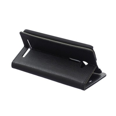 Asus Zenfone 2 5.0 (ZE500CL) atvēramais melns ādas Litchi maciņš - maks / Vacins.lv