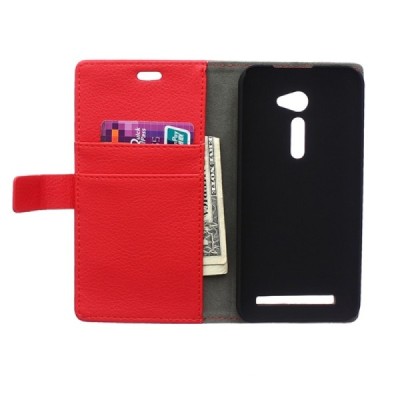 Asus Zenfone 2 5.0 (ZE500CL) atverčiamas raudonas odinis Litchi dėklas - piniginė / Priedai.lt