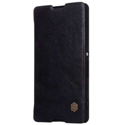 Prabangus „Nillkin“ Qin serijos juodas odinis atverčiamas Sony Xperia M5 dėklas / Priedai.lt