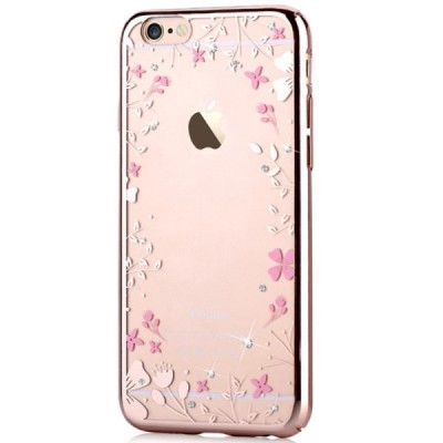 Apple iPhone 6 (6s) Devia Crystal Flowers Swarovski plastikinis skaidrus permatomas auksinis dėklas su kristalais / Priedai.lt