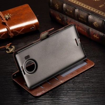 Microsoft Lumia 950 XL atverčiamas rudas odinis dėklas - piniginė / Priedai.lt