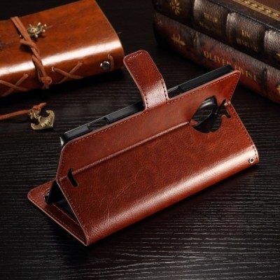 Microsoft Lumia 950 XL atverčiamas rudas odinis dėklas - piniginė / Priedai.lt