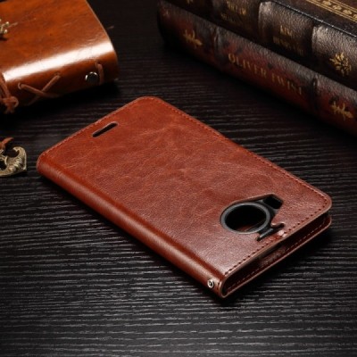 Microsoft Lumia 950 XL atverčiamas rudas odinis dėklas - piniginė / Priedai.lt