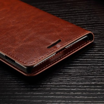 Microsoft Lumia 950 XL atverčiamas rudas odinis dėklas - piniginė / Priedai.lt