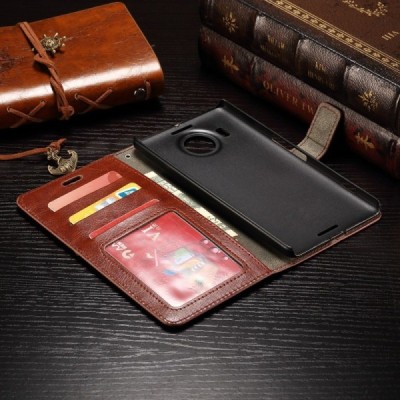 Microsoft Lumia 950 XL atverčiamas rudas odinis dėklas - piniginė / Priedai.lt