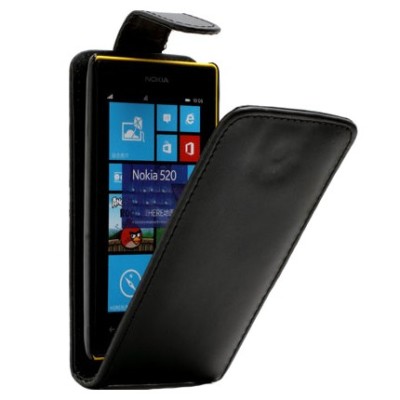 Nokia Lumia 520 klasisks ādas vertikāli atvēramais melns futrālis / Vacins.lv
