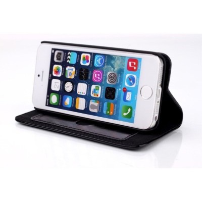 Apple iPhone SE (5, 5s) solidus atverčiamas juodas odinis dėklas - knygutė / Priedai.lt