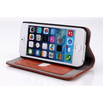 Apple iPhone SE (5, 5s) solidus atverčiamas rudas odinis dėklas - knygutė / Priedai.lt