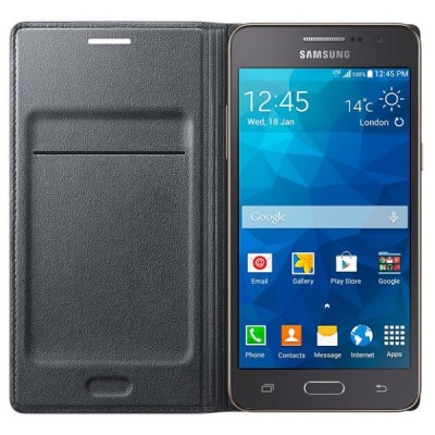 Samsung Galaxy Grand Prime (G530, G531) oficiāls Flip Wallet Cover atvērams melns ādas maciņš (maks) / Vacins.lv