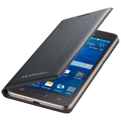 Samsung Galaxy Grand Prime (G530, G531) oficiāls Flip Wallet Cover atvērams melns ādas maciņš (maks) / Vacins.lv