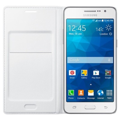 Samsung Galaxy Grand Prime (G530, G531) originalus Flip Wallet Cover atverčiamas baltas odinis dėklas - piniginė / Priedai.lt