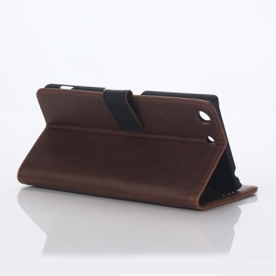 Sony Xperia M5 atverčiamas tamsiai rudas odinis retro dėklas - piniginė / Priedai.lt