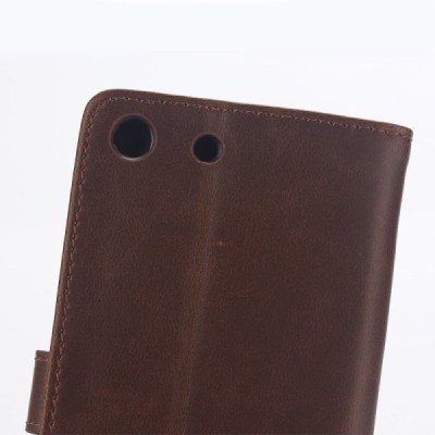 Sony Xperia M5 atverčiamas tamsiai rudas odinis retro dėklas - piniginė / Priedai.lt