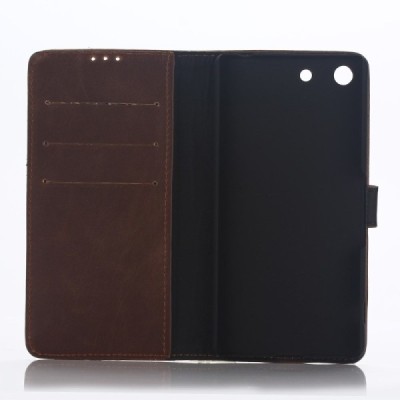 Sony Xperia M5 atverčiamas tamsiai rudas odinis retro dėklas - piniginė / Priedai.lt