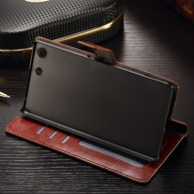Sony Xperia M5 atverčiamas rudas odinis dėklas - piniginė / Priedai.lt