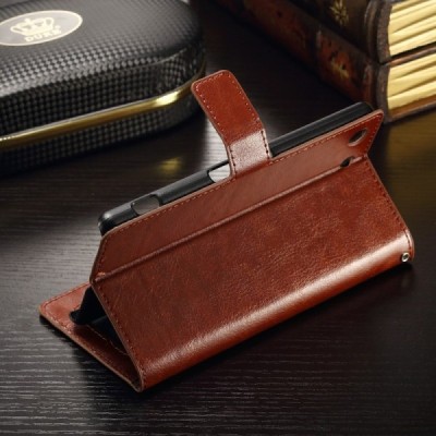 Sony Xperia M5 atverčiamas rudas odinis dėklas - piniginė / Priedai.lt