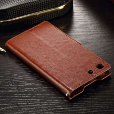 Sony Xperia M5 atverčiamas rudas odinis dėklas - piniginė / Priedai.lt