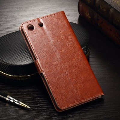 Sony Xperia M5 atverčiamas rudas odinis dėklas - piniginė / Priedai.lt