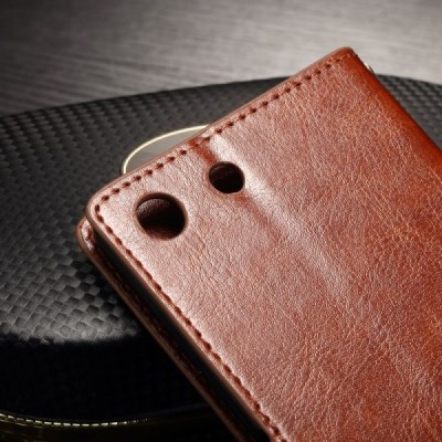 Sony Xperia M5 atverčiamas rudas odinis dėklas - piniginė / Priedai.lt