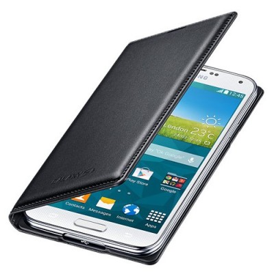 Samsung Galaxy S5 G900 (S5 Neo G903) oficiāls Flip Wallet Cover atvērams melns ādas maciņš (maks) / Vacins.lv