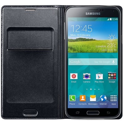 Samsung Galaxy S5 G900 (S5 Neo G903) oficiāls Flip Wallet Cover atvērams melns ādas maciņš (maks) / Vacins.lv