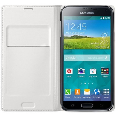 Samsung Galaxy S5 G900 (S5 Neo G903) originalus Flip Wallet Cover atverčiamas baltas odinis dėklas - piniginė / Priedai.lt