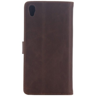 Sony Xperia Z5 Premium atverčiamas tamsiai rudas odinis retro dėklas - piniginė / Priedai.lt
