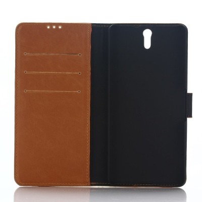 Sony Xperia C5 Ultra atverčiamas šviesiai rudas odinis retro dėklas - piniginė / Priedai.lt