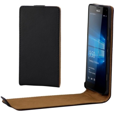 Microsoft Lumia 950 klasikinis vertikaliai atverčiamas juodas odinis dėklas / Priedai.lt